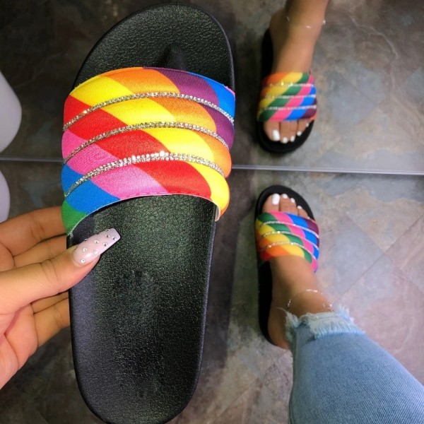 Puffy Rainbow Slide Sandals Shiny Rhinestones Flat Slippers