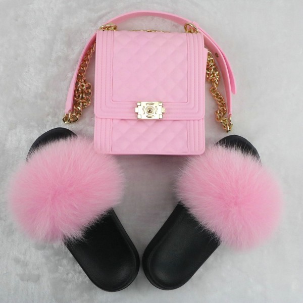 Pink Fur Slides with Matching Jelly Phone Bag Set