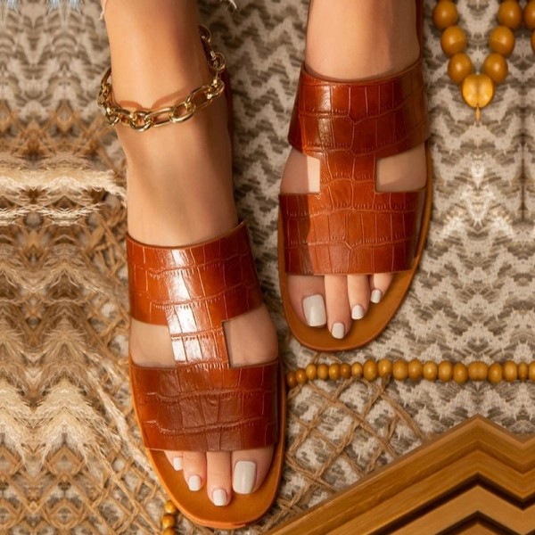 Flat Slide Sandals PU Leather Open Toe Slippers