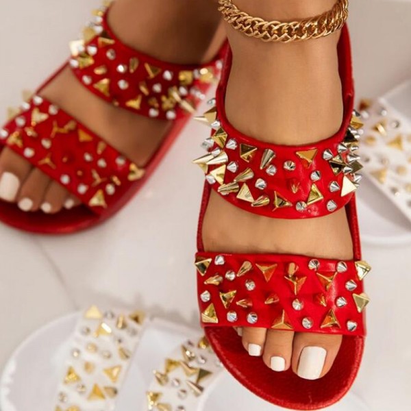 Chic Studded Slide Sandals Women's Two Straps Beach Slippers