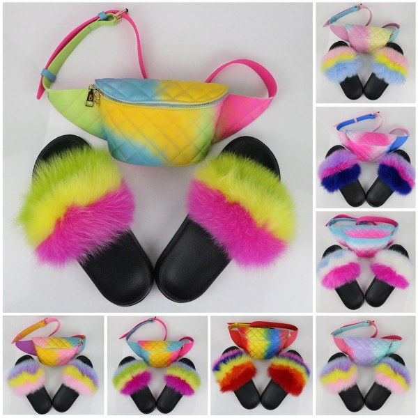 Rainbow Color Fur Slides with Matching Waist Bag