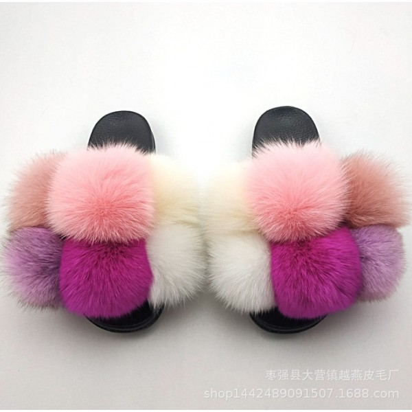 Colorful Fur Slides Fluffy Pom Pom Ball Fox Furry Slippers