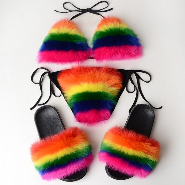 Rainbow Color Fur Bathing Suits with Matching Fur Slides