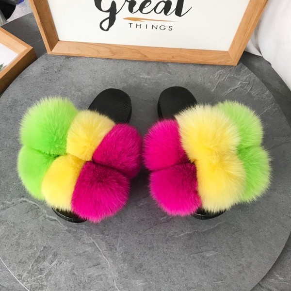 Colorful Fur Slides Fluffy Pom Pom Ball Fox Furry Slippers