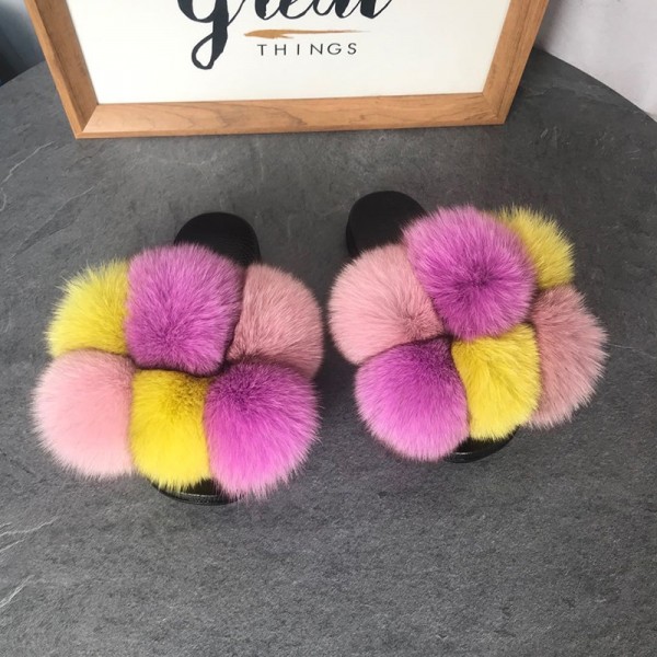 Cute Pom Fur Slides Fluffy Multi-color Furry Slippers 