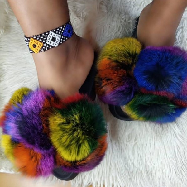 New Pom Pom Fur Slides Leopard Fluffy Furry Slippers