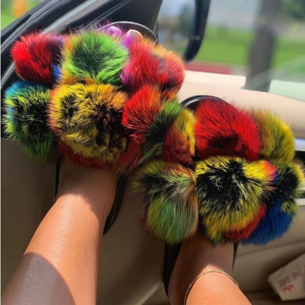 Cute Pom Pom Furry Slides Color-blocked Fluffy Fur Sandals 