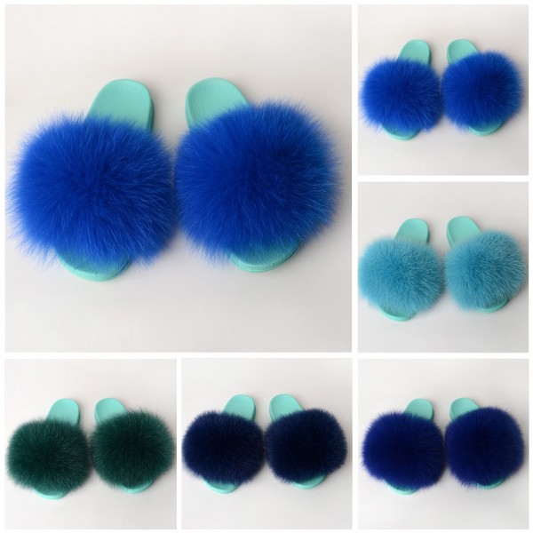 Fluffy Fur Slides For Ladies Blue Furry Slippers