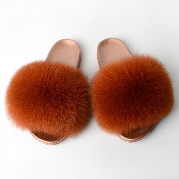 Gold Fluffy Fur Slides New Arrival Open Toe Fur Sandals