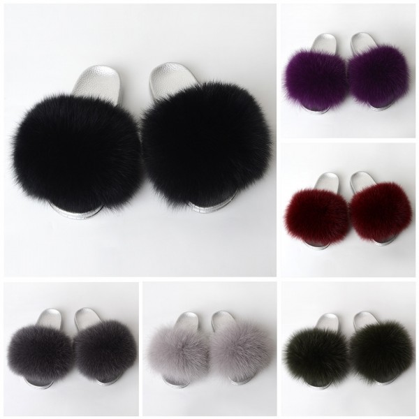 Fluffy Fur Slides Sandals With Silver Sole Open Toe Flat Slippers