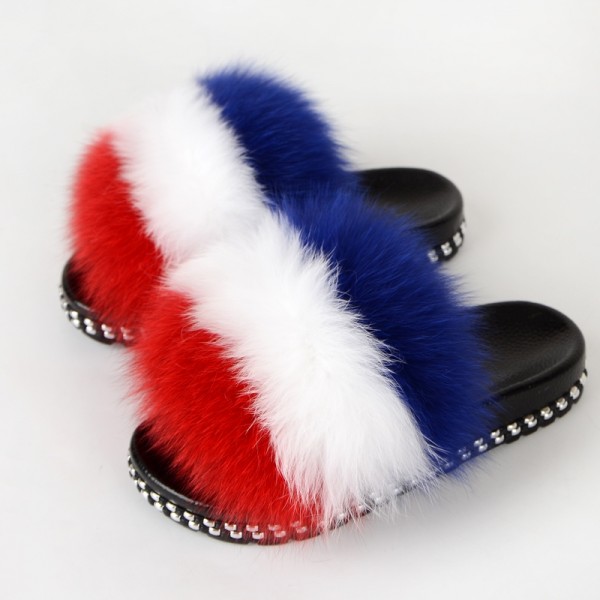 New In Colorful Fur Slides Rivet Sole Furry Sandals