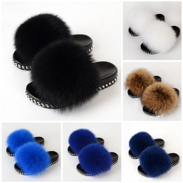 Rivet Decorated Fur Slides Brown Furry Slippers