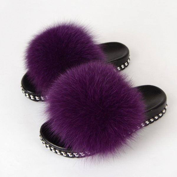 Women's Fur Slides Sandals With Rivet Sole Cute Fluffy Slides