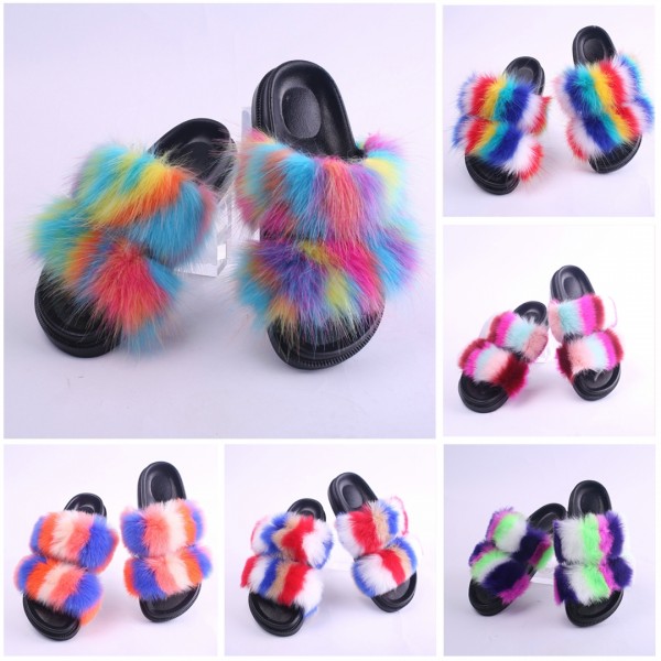 Rainbow Two Straps Fur Slides Faux Fur Sandals