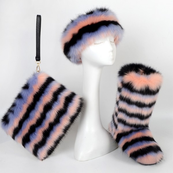 Chic Striped Faux Fur Boots with Matching Headband and Handbag Set