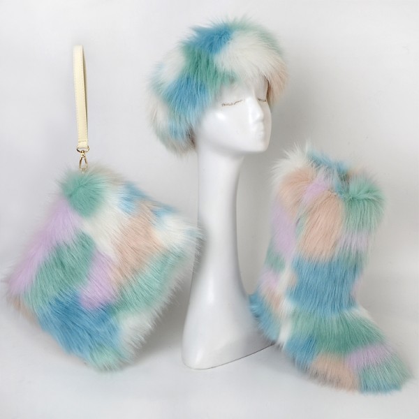 Colorful Winter Faux Fur Boots with Matching Fur Headband and Wristlet Bag Set