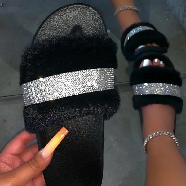 Women's Fuzzy Slide Sandals Rhinestones Open Toe Flat Slippers