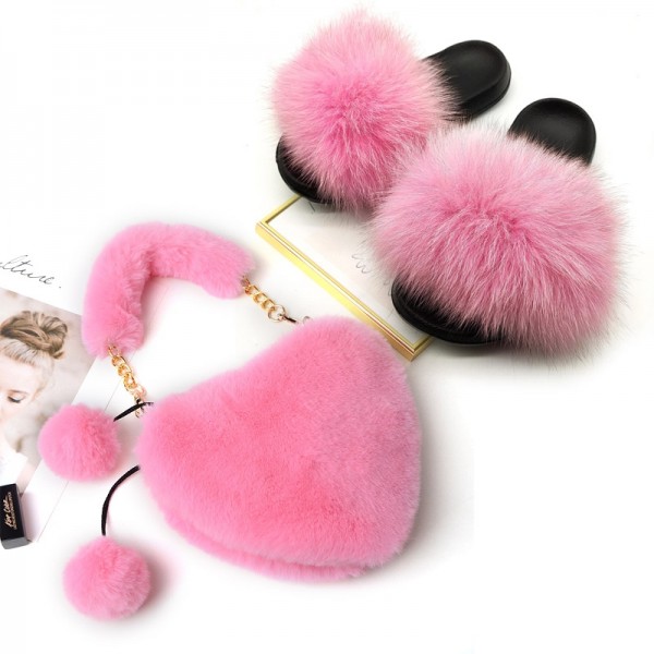 Cute Fur Slides with Matching Heart Shaped Fur Handbag Set