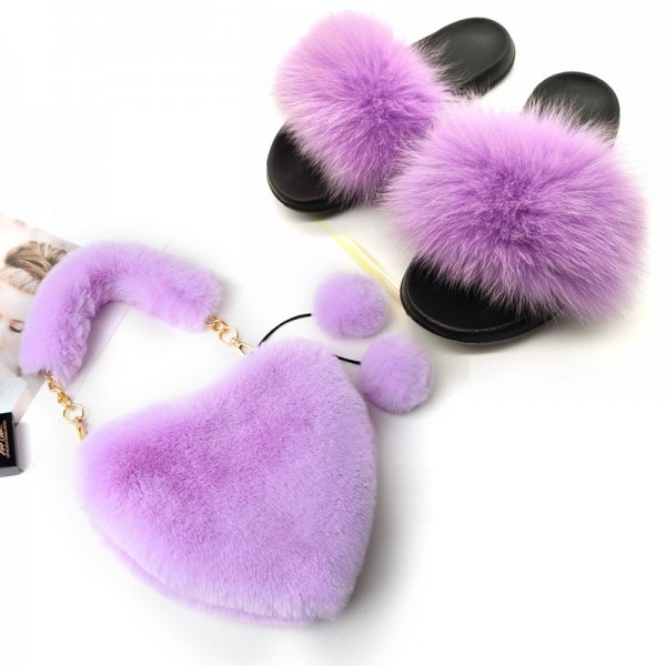Women's Furry Slides with Matching Heart Shaped Fuzzy Purse Set