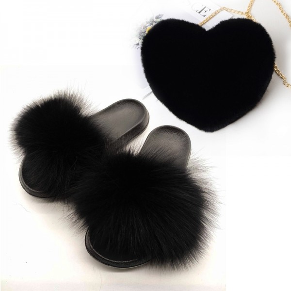 Cute Fur Slides with Matching Fuzzy Heart Shaped Shoulder Bag Set