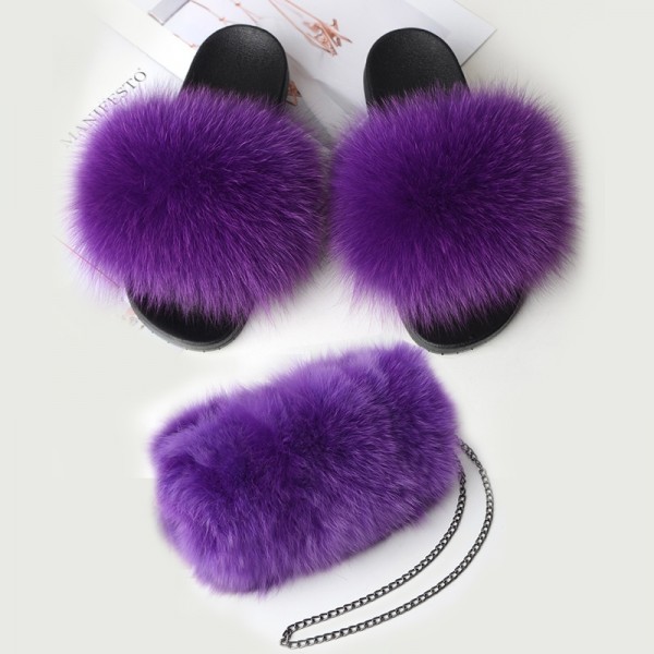 Chic Purple Fur Slides with Matching Fur Purse Set