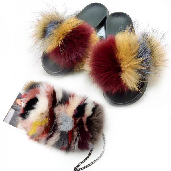 Fluffy Fur Slides with Matching Furry Shoulder Bag Set