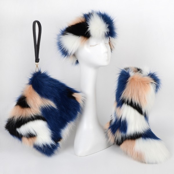 Fluffy Faux Fur Boots with Matching Fur Headband and Bag Set
