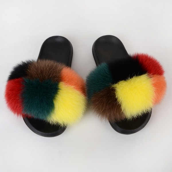 Colorblocked Fur Slides Fluffy Open Toe Furry Slippers
