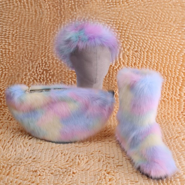 Winter Faux Fur Boots with Matching Fur Headband and Fanny Pack Set
