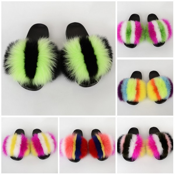 Colorful Striped Fur Slides Fluffy Furry Slide Sandals