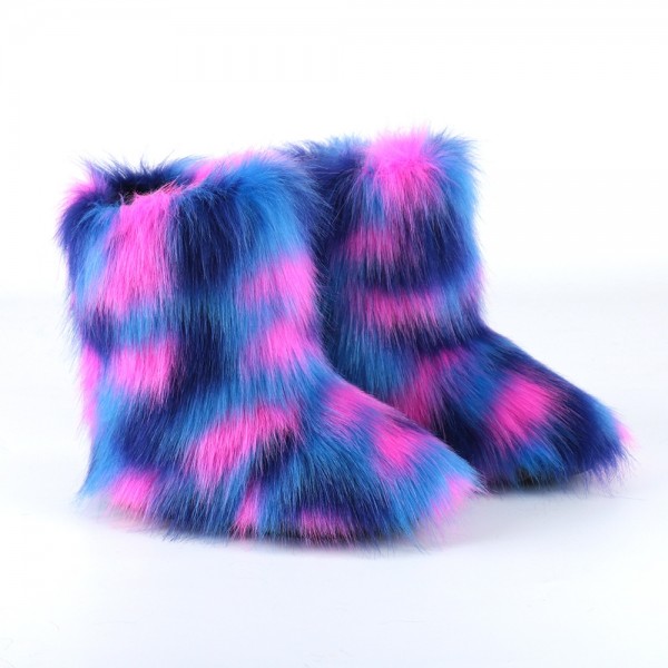 New Fluffy Faux Fur Boots Colorful Mid-Calf Winter Boots