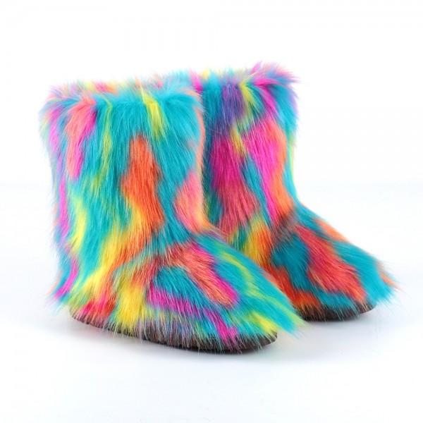 New Fluffy Faux Fur Boots Colorful Mid-Calf Winter Boots