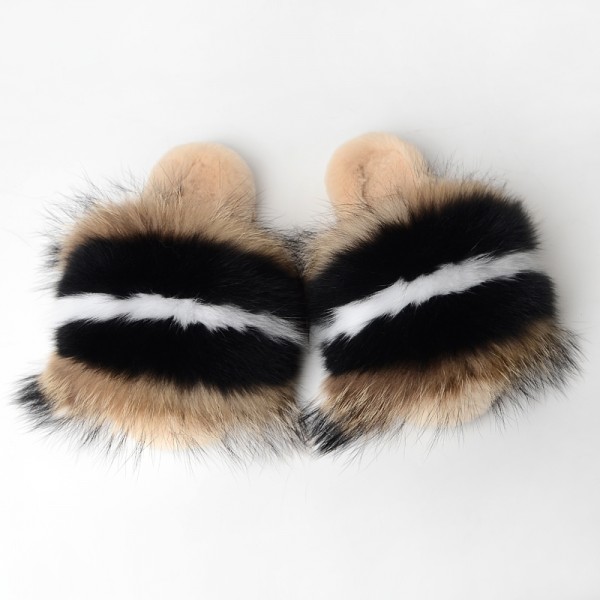 Colorful Striped Fur Slides Cozy Winter Furry Slippers