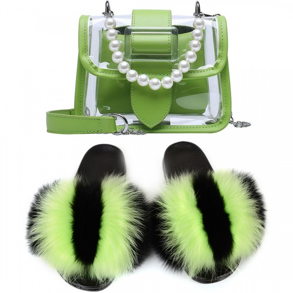 Lime Green Fur Slides with Matching Transparent Shoulder Bag Set