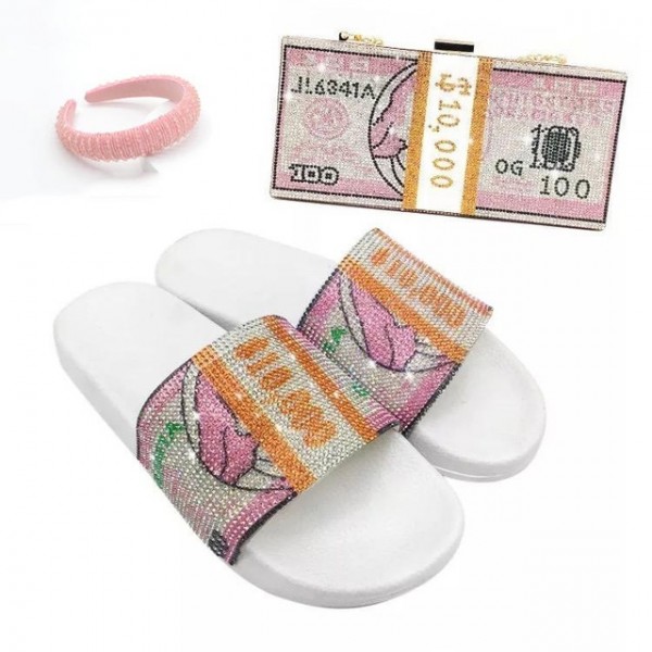 Fashion Dollar Bill Slide Sandals with Matching Clutch Bag and Headband Set