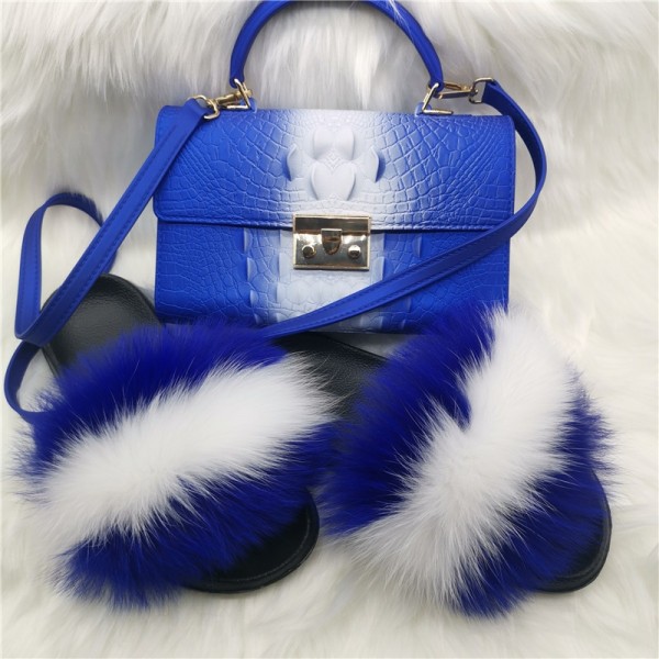 Royal Blue Fur Slides with Matching Alligator Print Shoulder Bag