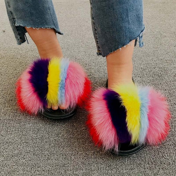 Multi-Color Striped Fur Slides Fluffy Big Furry Slippers