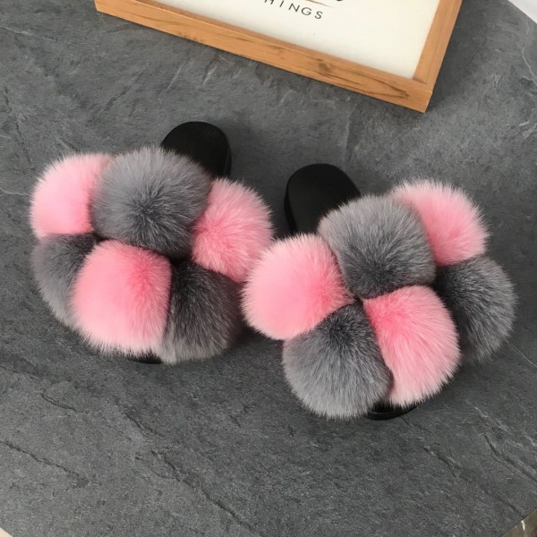 Colorful Pom Pom Fur Slides Women's Fluffy Fur Slippers