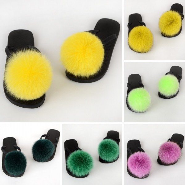 Furry Thong Sandals Colorful Pom Ball Fur Slides 