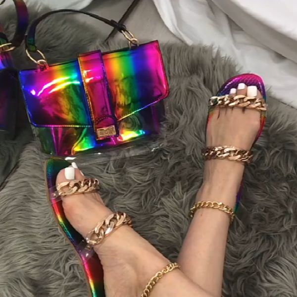 Rainbow Chain Decor Slide Sandals with Matching Handbag Set