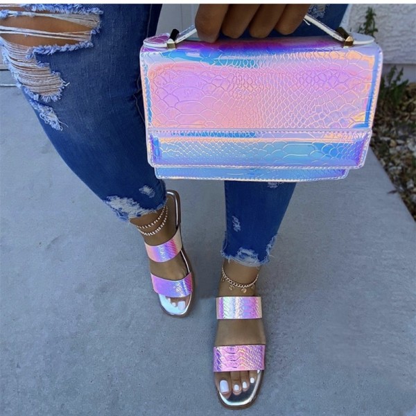 Silver Slide Sandals with Matching Holographic Laser Handbag
