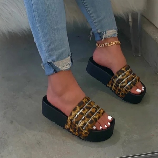 Women's Plarform Slide Sandals Glittering Leopard Print Slippers