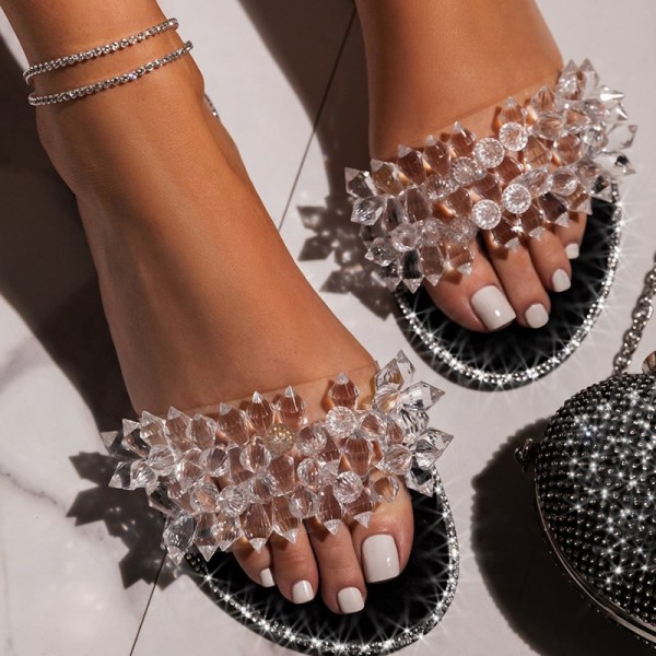 Glittering Crystals Sandals Women's Fashion Flat Slippers