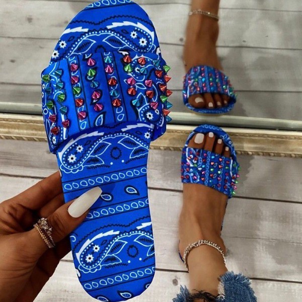 Glittering Rivets Slide Sandals Women's Bandana Print Flat Slippers