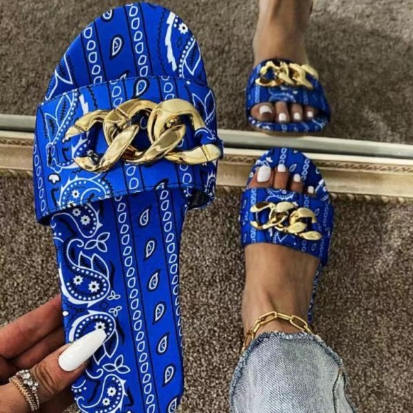 Bandana Print Slide Sandals Women's Chains Flat Slippers