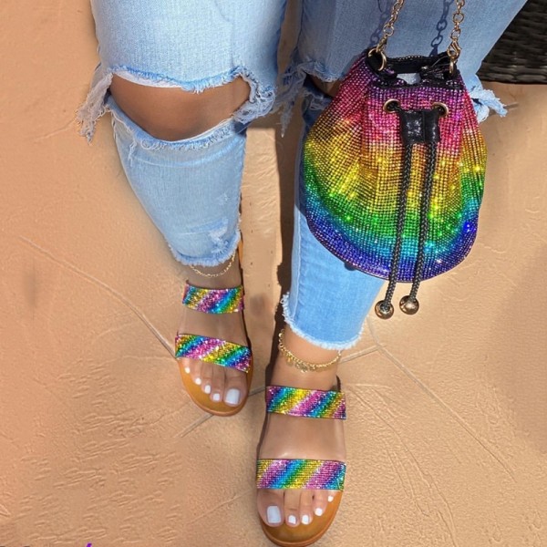 Luxury Rhinestone Platform Sandals with Matching Rainbow Bucket Bag