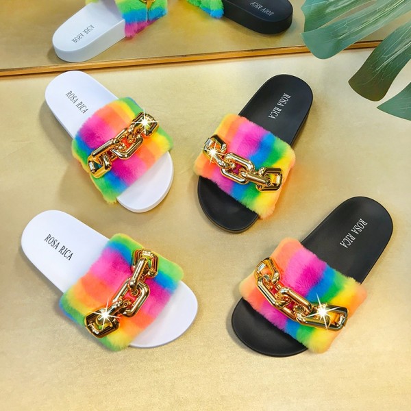 Rainbow Fuzzy Slide Sandals with Sparkling Gold Chain Decor