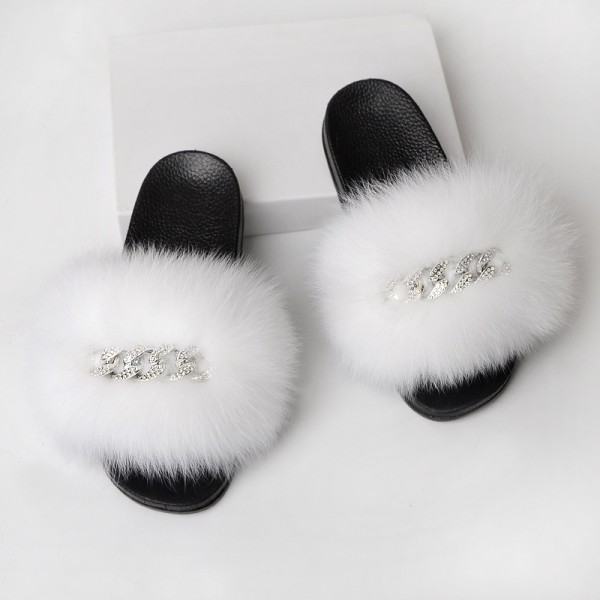 Colorful Fur Slides Shiny Chains Embellishment Slippers For Women