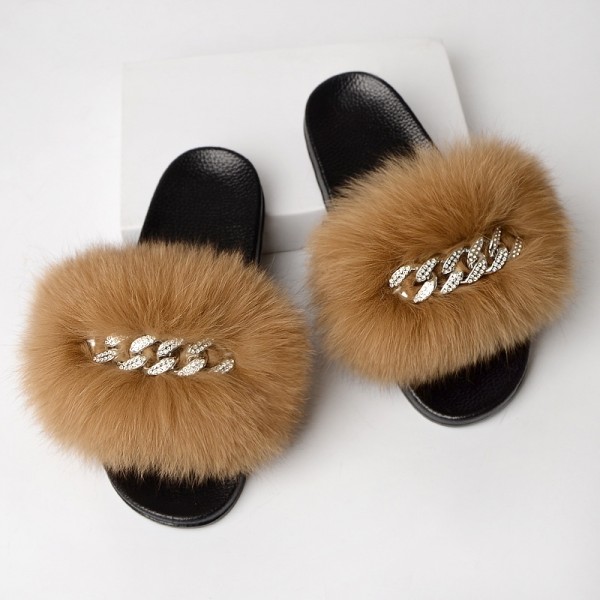 Women's Fur Slides with Rhinestone Chain Decor