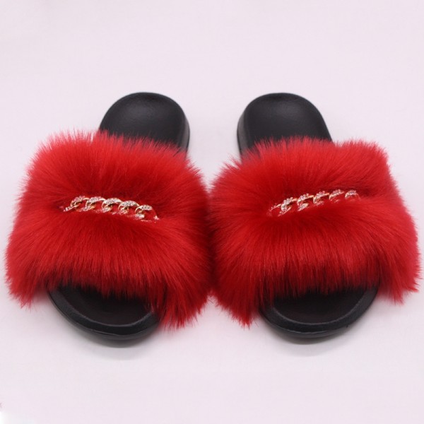 Faux Fur Slides For Women Glittering Rhinestones Chains Colorful  Slippers